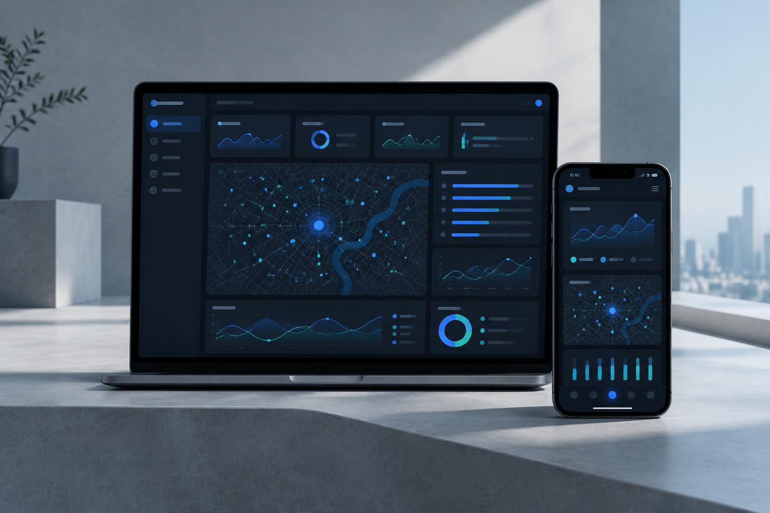 Illustrative AI analytics interface on a laptop and phone