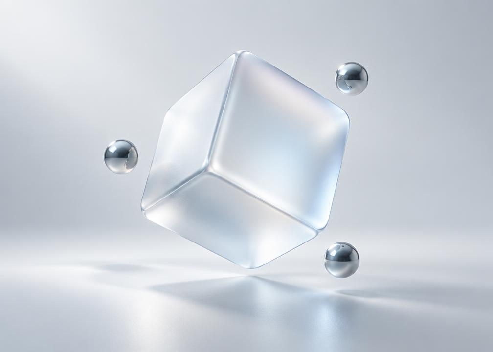Suspended translucent cube with metallic spheres